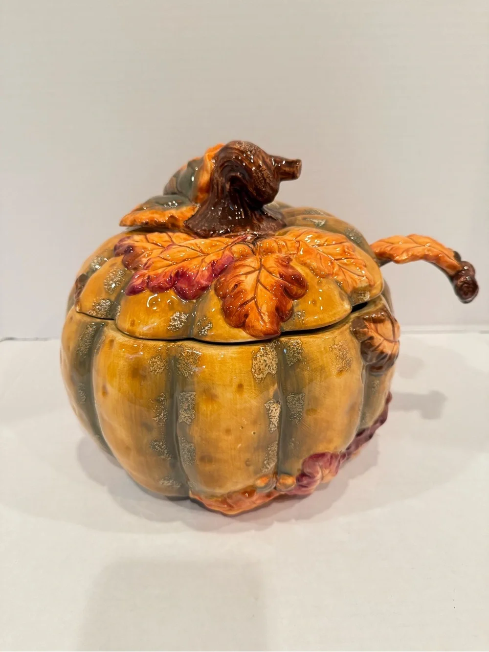 Baum Bros. Pumpkin Soup Tureen in Yellow and Green with Matching Ladle